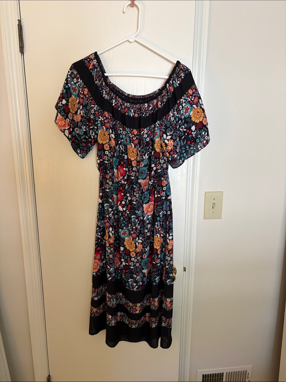 LOFT Black Floral Off-Shoulder Midi Dress